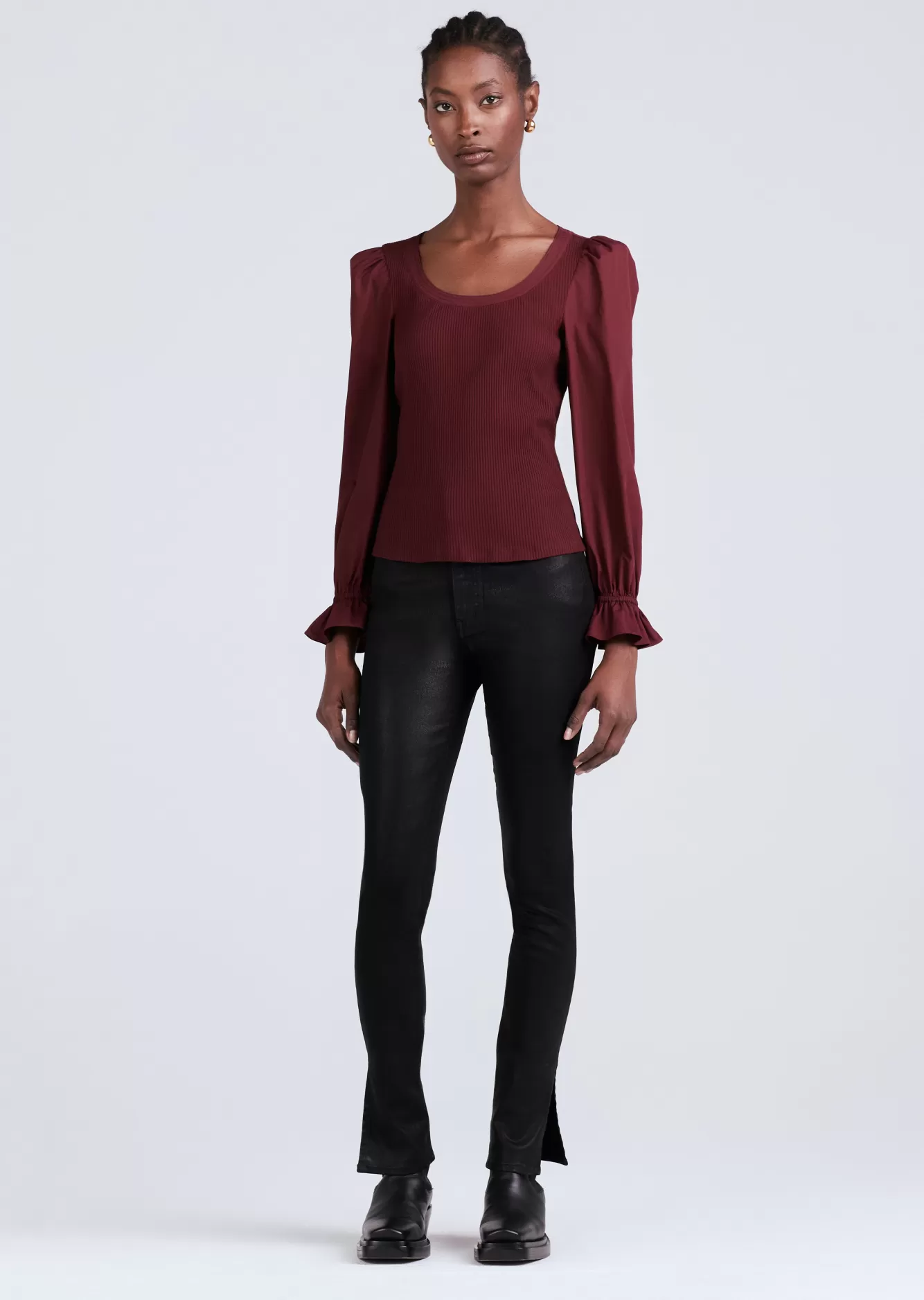 Derek Lam Aishah Scoop Neck Long Sleeve Ribbed Top Burgundy Shop