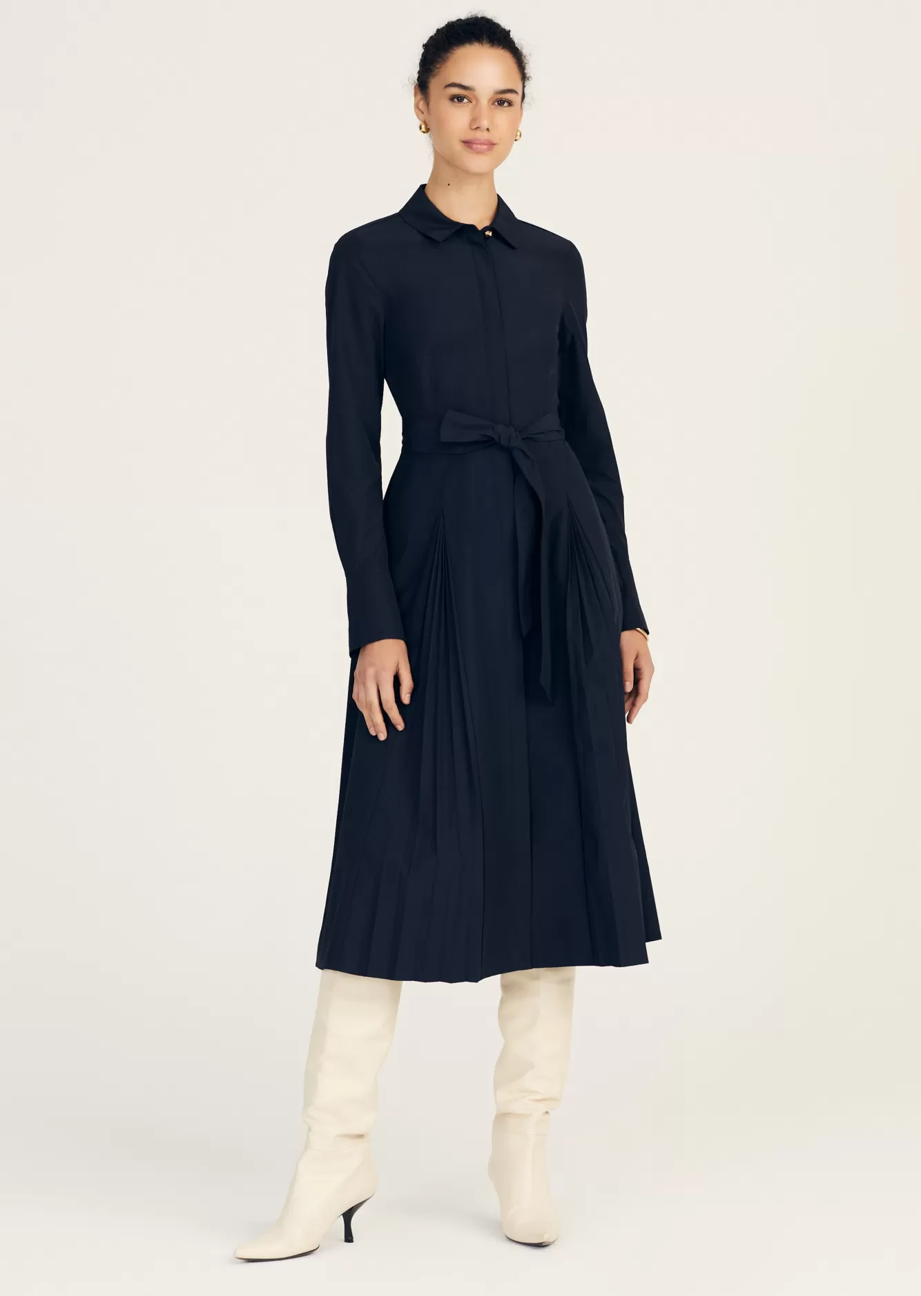 Derek Lam Annette Long Sleeve Pleated Shirt Dress Midnight Shop
