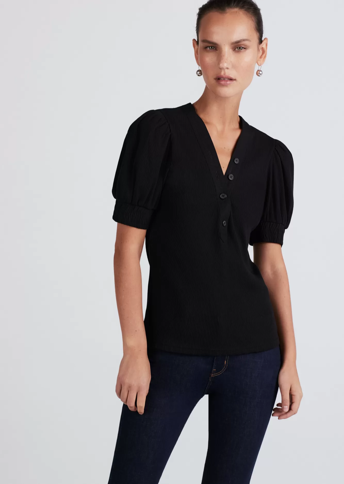Derek Lam Heather V-Neck Puff Sleeve T-Shirt Black Cheap