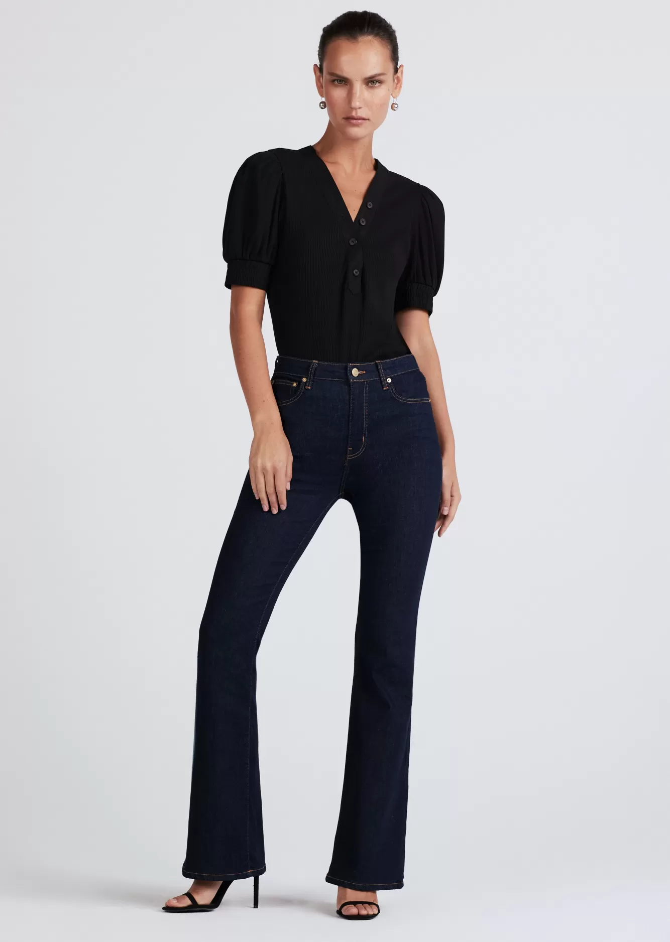 Derek Lam Heather V-Neck Puff Sleeve T-Shirt Black Cheap