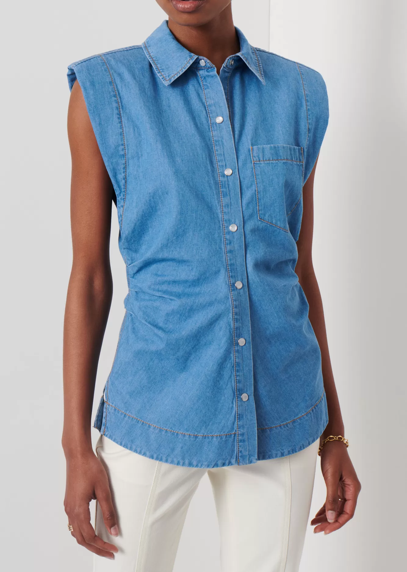 Derek Lam Ivy Sleeveless Ruched Button Down Shirt Light Wash Best Sale