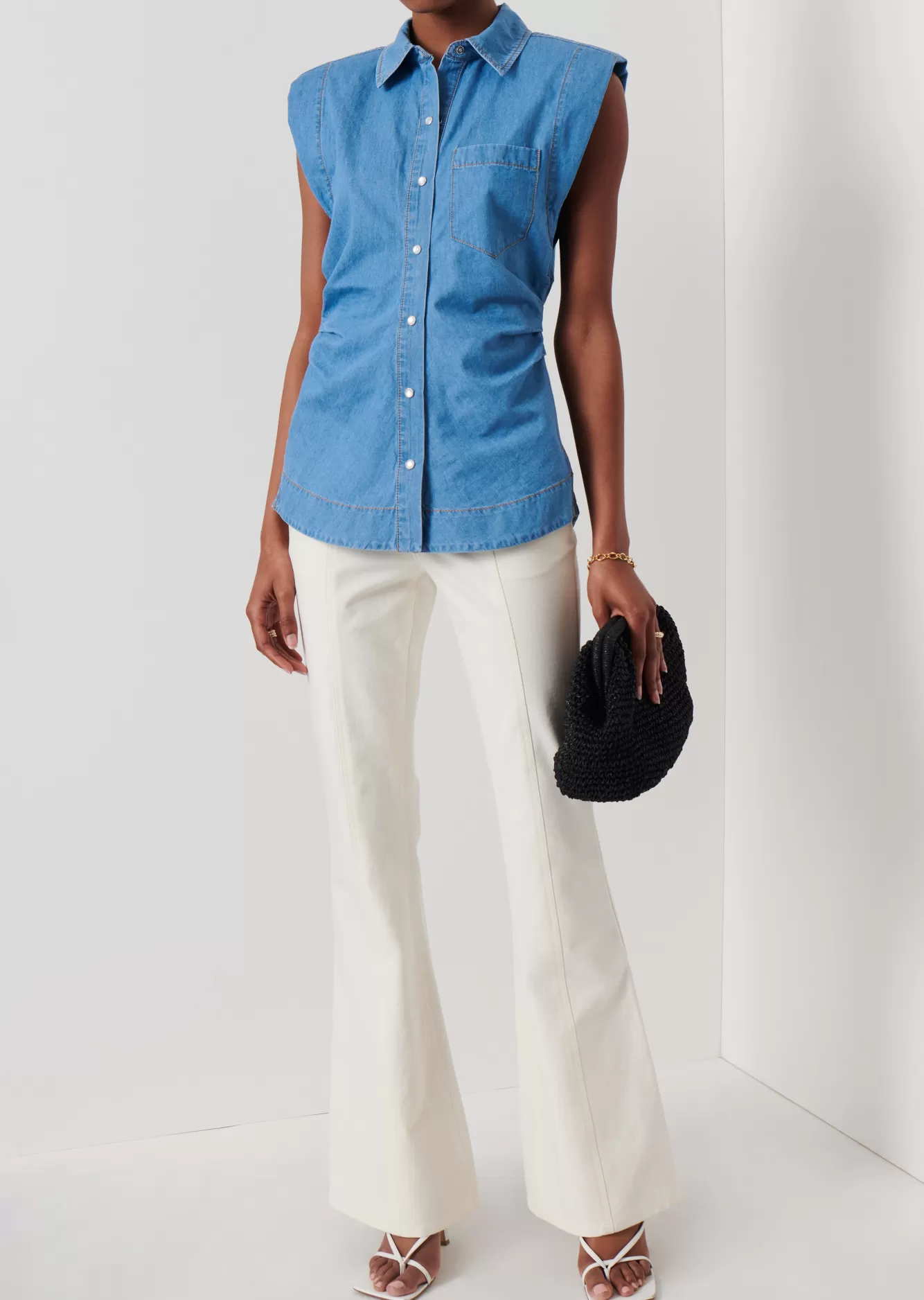 Derek Lam Ivy Sleeveless Ruched Button Down Shirt Light Wash Best Sale