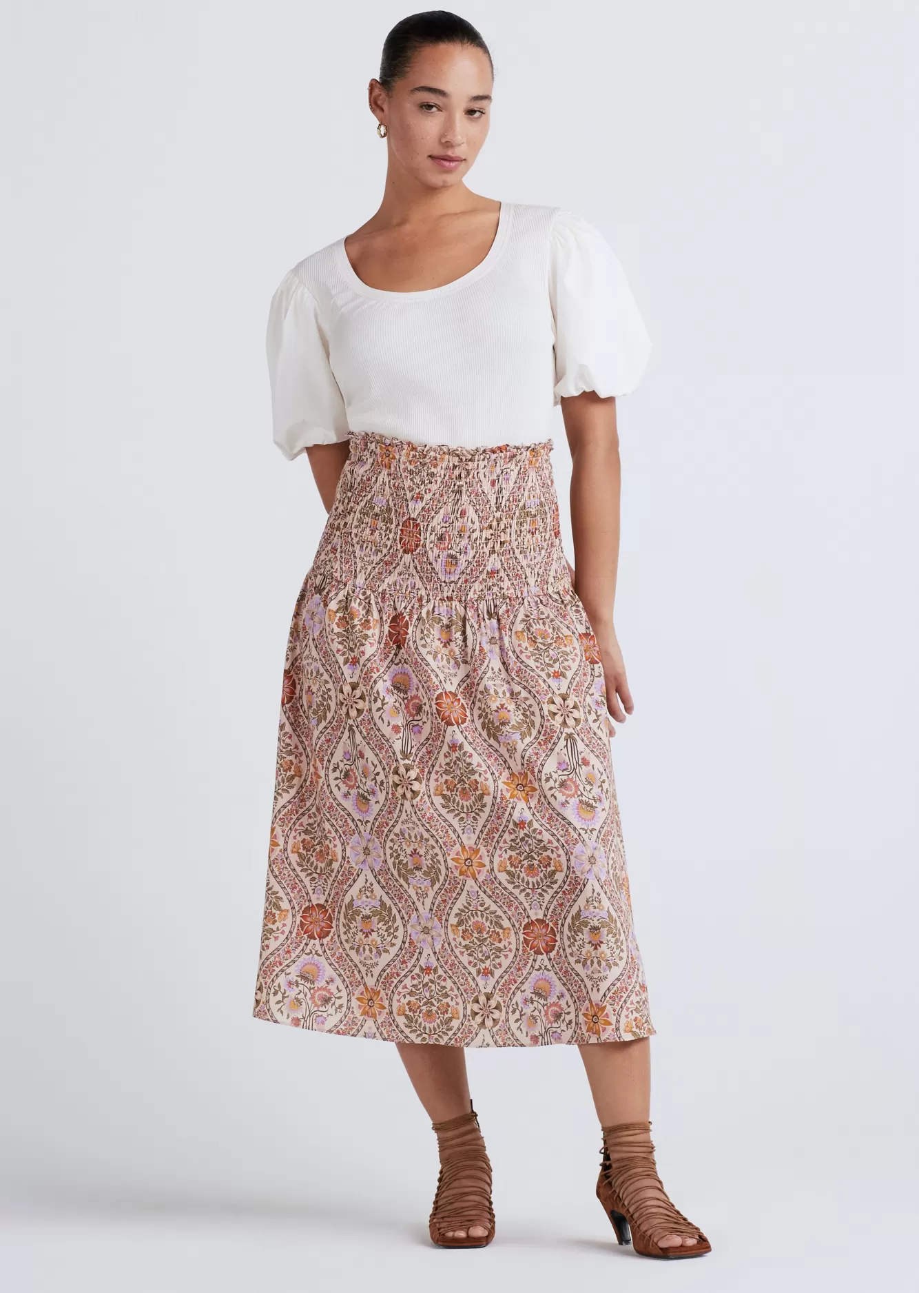 Derek Lam Madani Smocked Skirt Light Khaki Multi Clearance