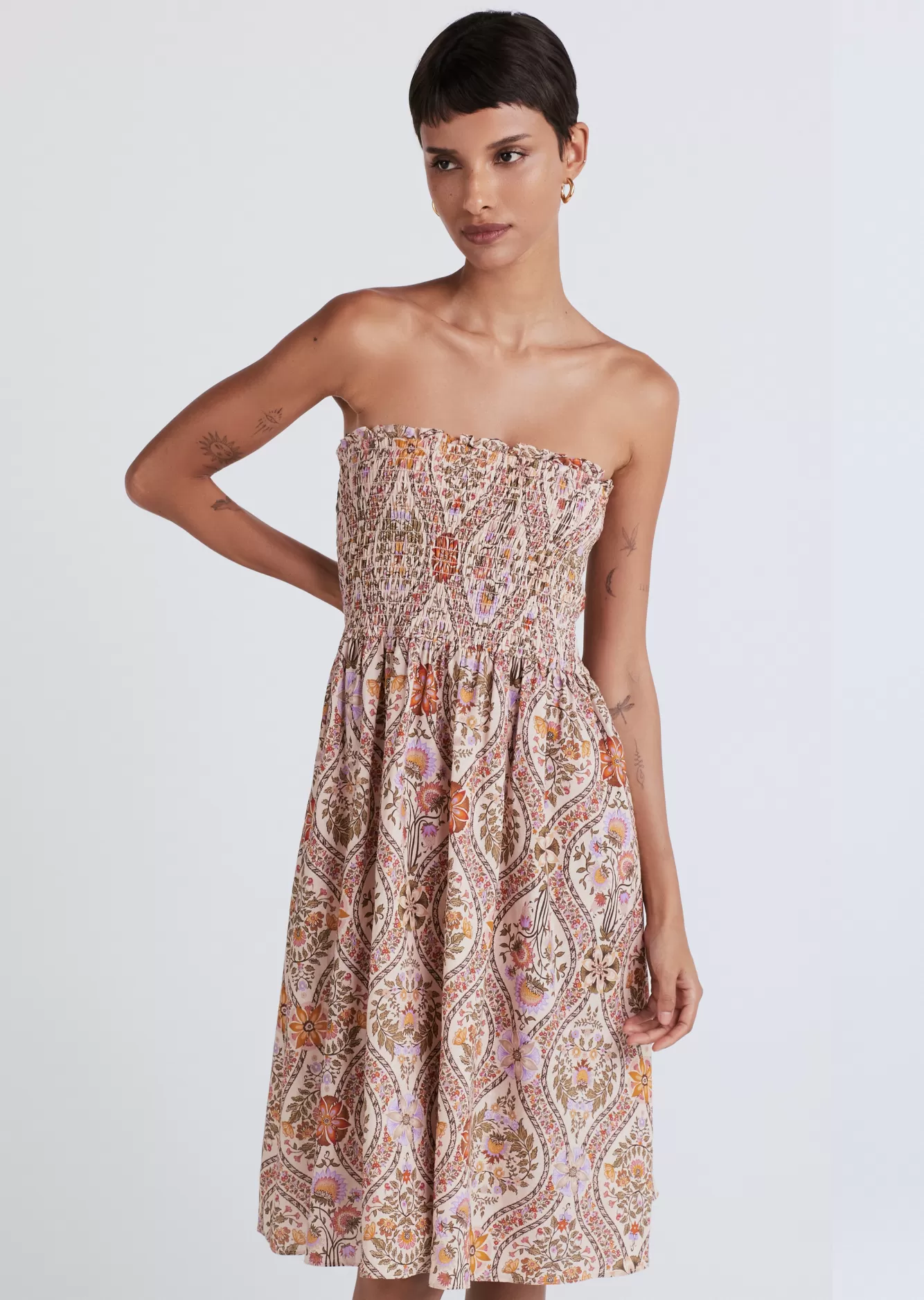 Derek Lam Madani Smocked Skirt Light Khaki Multi Clearance