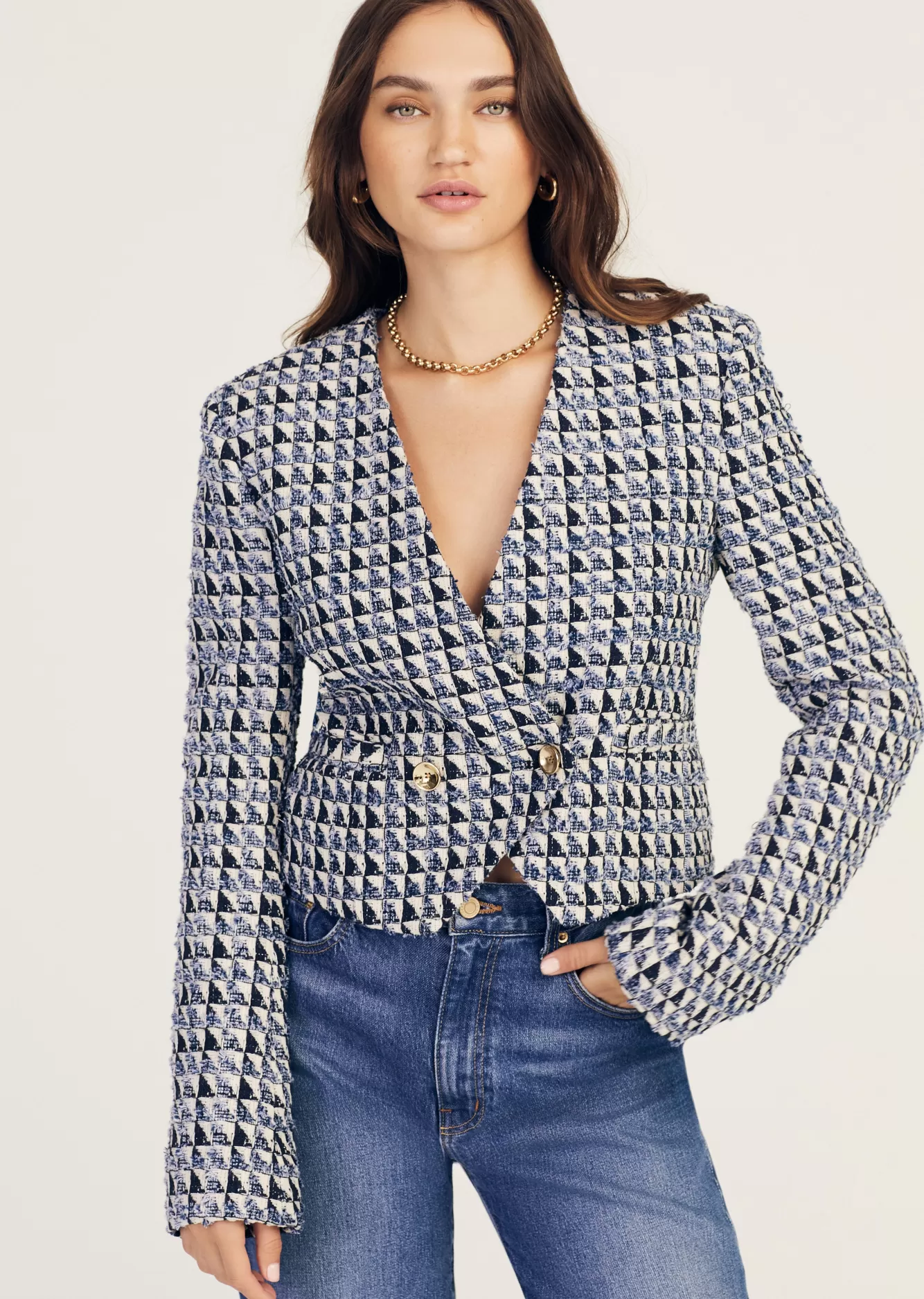 Derek Lam Marcel Fringe Tweed Jacket Blanc de Blanc-Indigo Best Sale