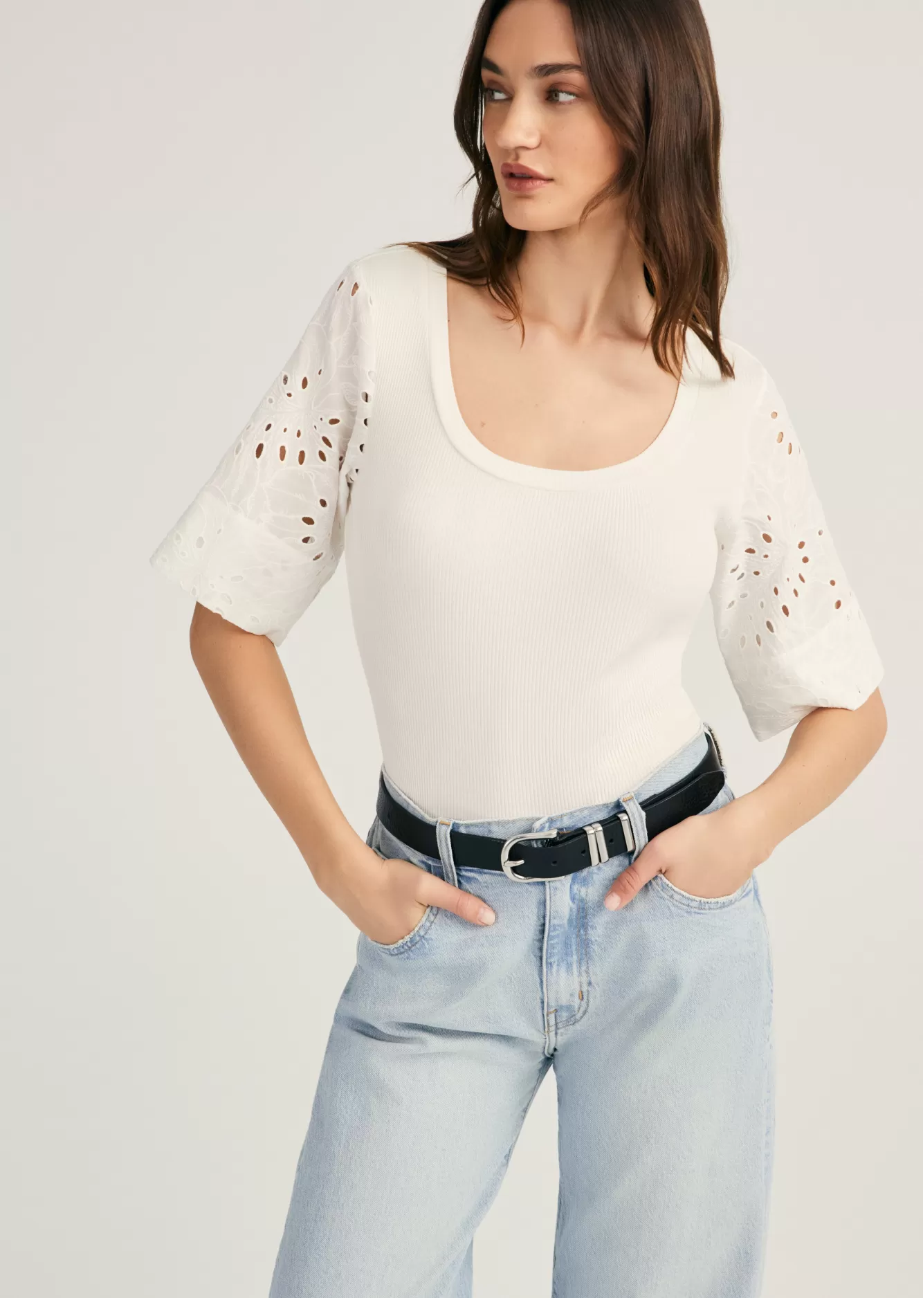Derek Lam Margaux Mixed Media Tee Blanc de Blanc Hot