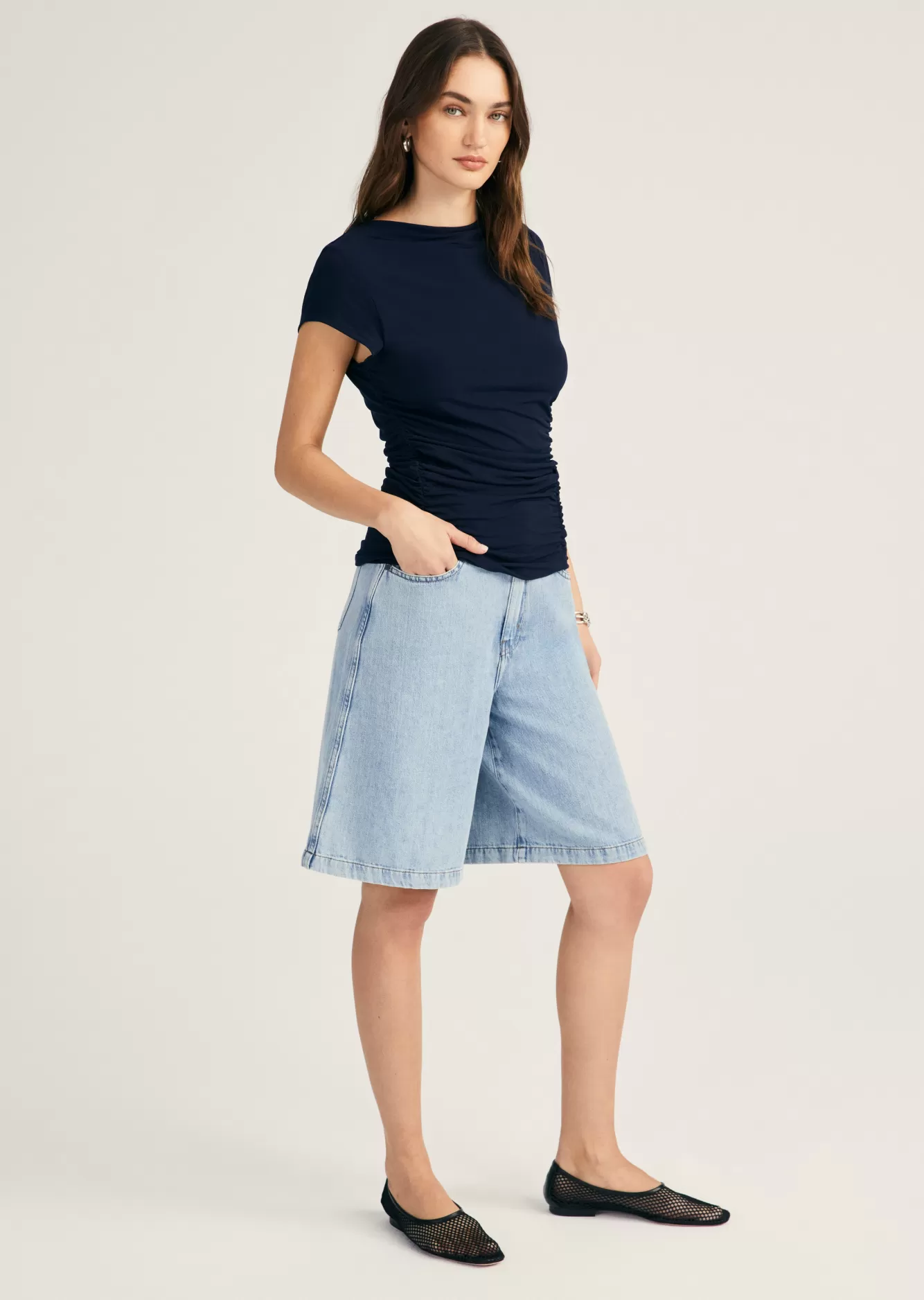 Derek Lam Mima Short Sleeve Ruched Top Night Sky Shop