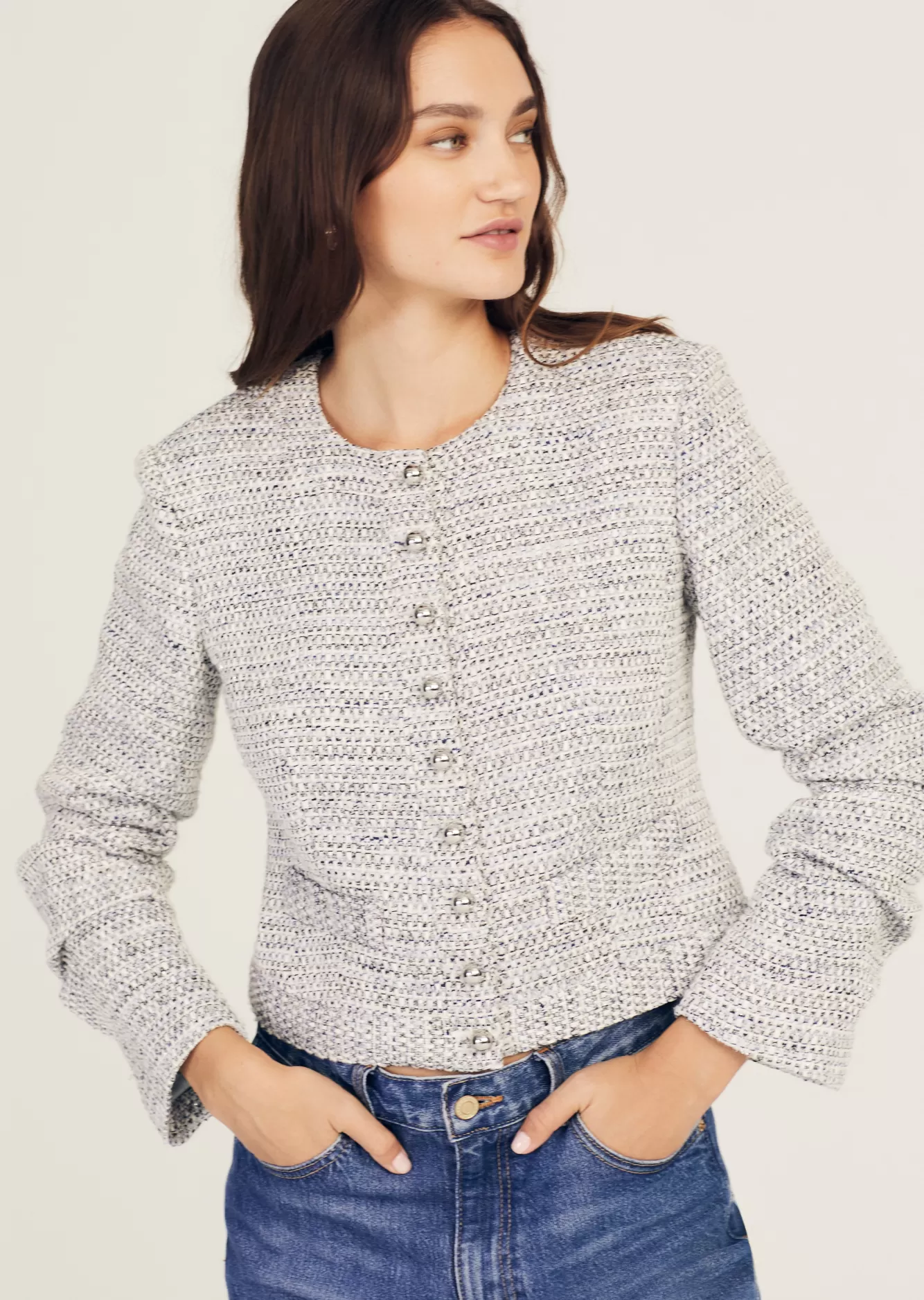 Derek Lam Piera Ruched Sleeve Jacket Blue-Ivory Outlet