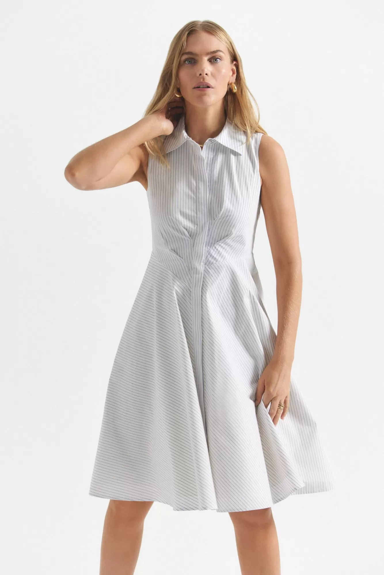Derek Lam Reena Sleeveless Shirt Dress White-Navy Cheap