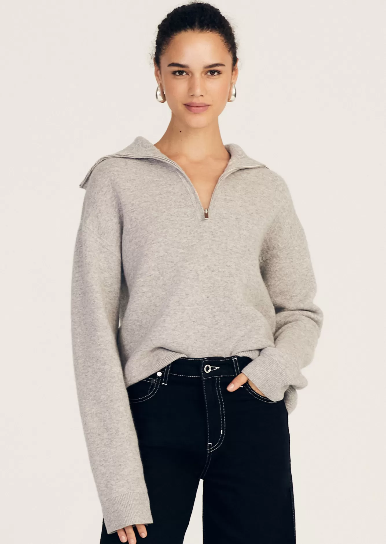 Derek Lam Samuel Reversible Quarter Zip Sweater Light Heather Grey-Blanc de Blanc Clearance