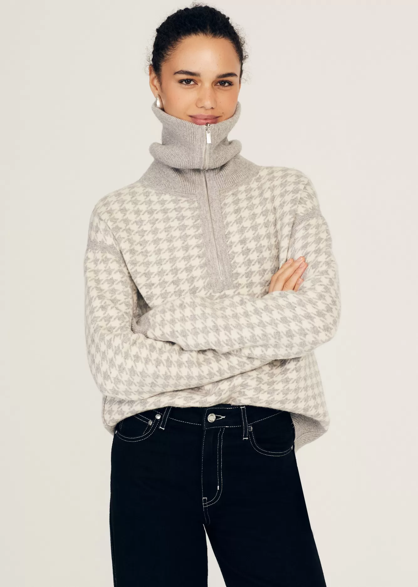 Derek Lam Samuel Reversible Quarter Zip Sweater Light Heather Grey-Blanc de Blanc Clearance